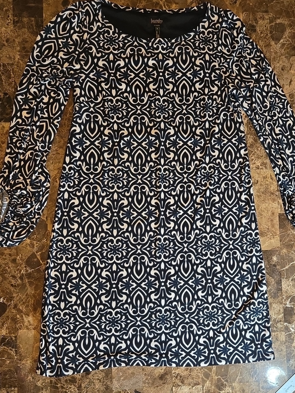Laundry By Shelli Segal Black & Cream Shift Damask Print Dress 3/4 Sleeve Size 8